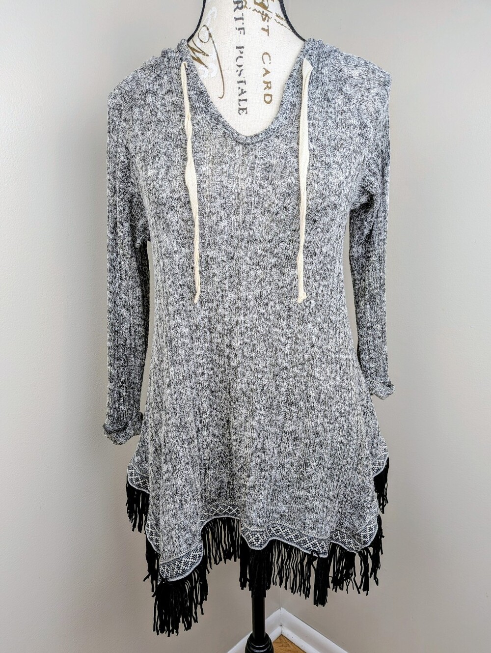 Orange Creek Marled Gray Knit Hooded Fringe Trim Tunic Sweater S Boho Festival